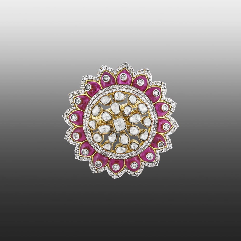 Polki Ring with Red Talaf and Diamond-Accented Petals